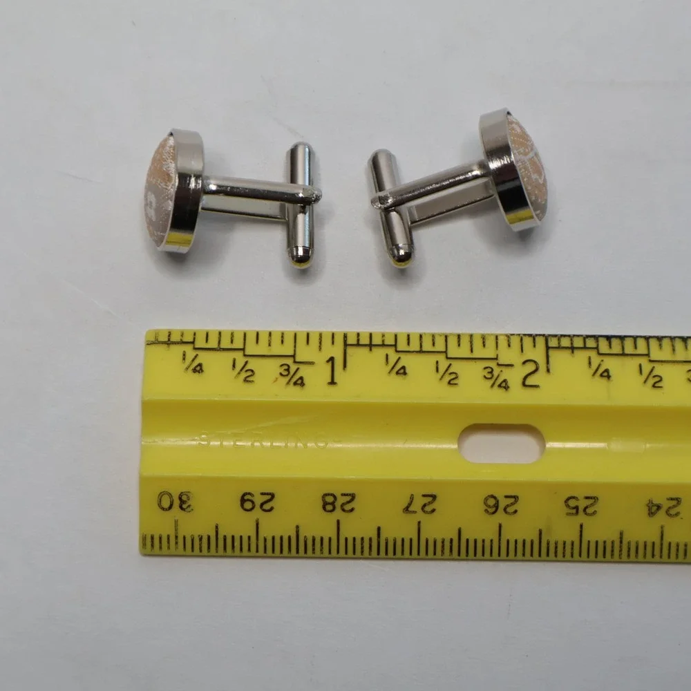 Vintage Style Silver Tone Round Cufflinks Gold White‎ Paisley Brocade Inlay